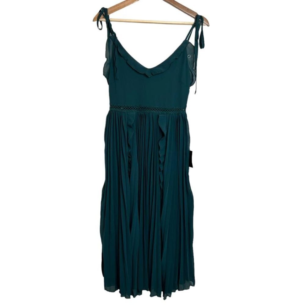 Teal Pleated Midi Dress with Tie Straps - Picture 2 of 14